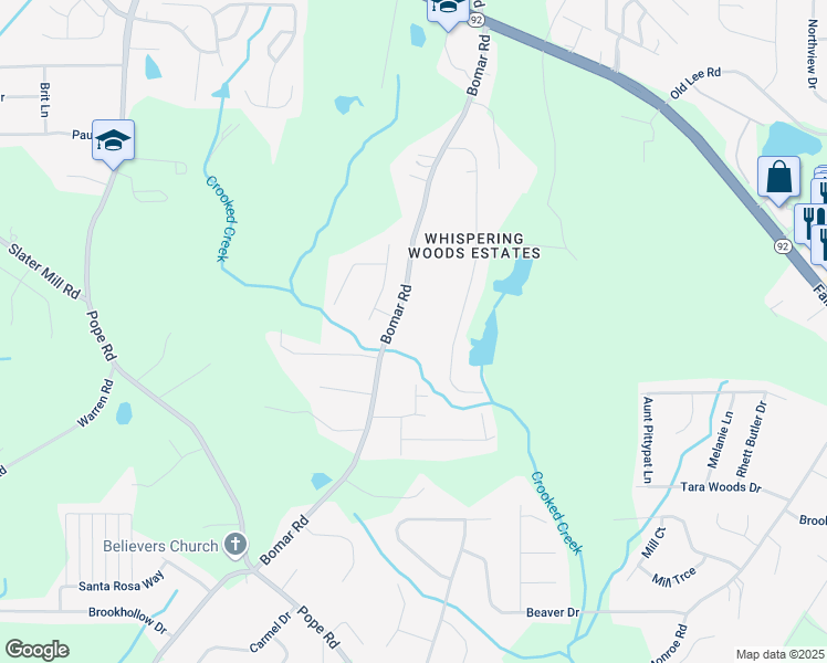 map of restaurants, bars, coffee shops, grocery stores, and more near 2724 Bomar Road in Douglasville