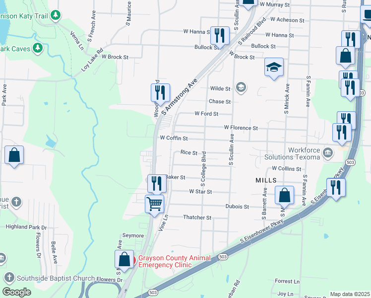 map of restaurants, bars, coffee shops, grocery stores, and more near 1025 Rice Street in Denison