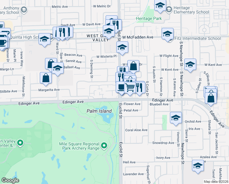 map of restaurants, bars, coffee shops, grocery stores, and more near 10956 Obsidian Court in Fountain Valley