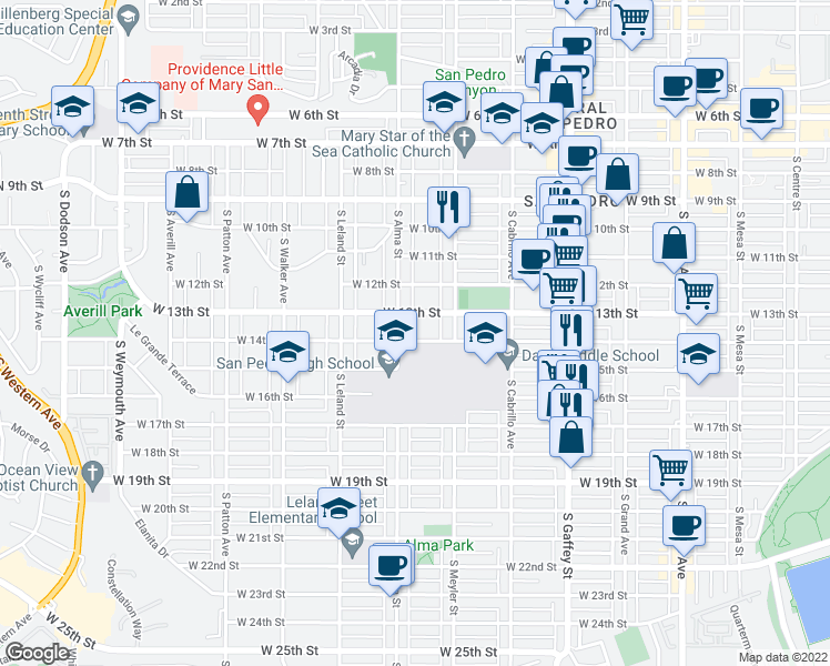 map of restaurants, bars, coffee shops, grocery stores, and more near 972 W 14th St in San Pedro