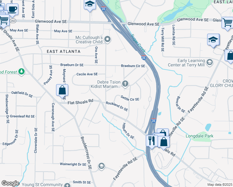 map of restaurants, bars, coffee shops, grocery stores, and more near 2145 Settle Circle Southeast in Atlanta