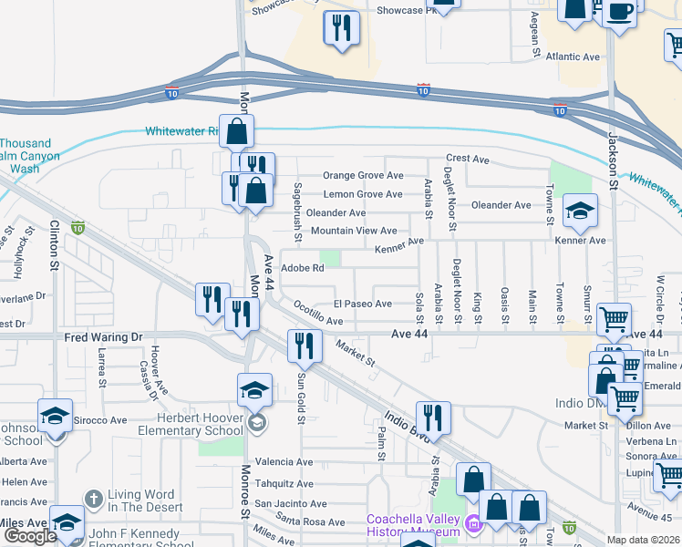 map of restaurants, bars, coffee shops, grocery stores, and more near 82289 Adobe Road in Indio