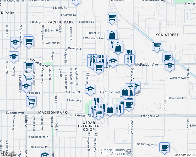 map of restaurants, bars, coffee shops, grocery stores, and more near 1303 South Standard Avenue in Santa Ana