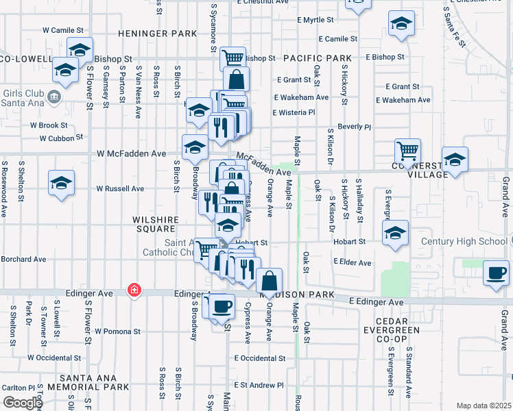 map of restaurants, bars, coffee shops, grocery stores, and more near 1242 Orange Avenue in Santa Ana