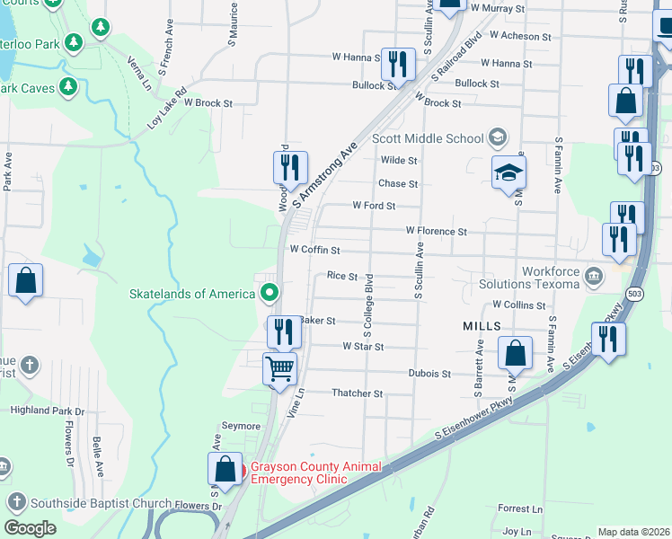 map of restaurants, bars, coffee shops, grocery stores, and more near 1025 Rice Street in Denison