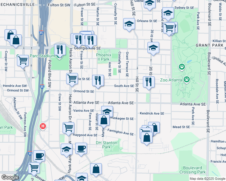 map of restaurants, bars, coffee shops, grocery stores, and more near 184 Ormond Street Southeast in Atlanta