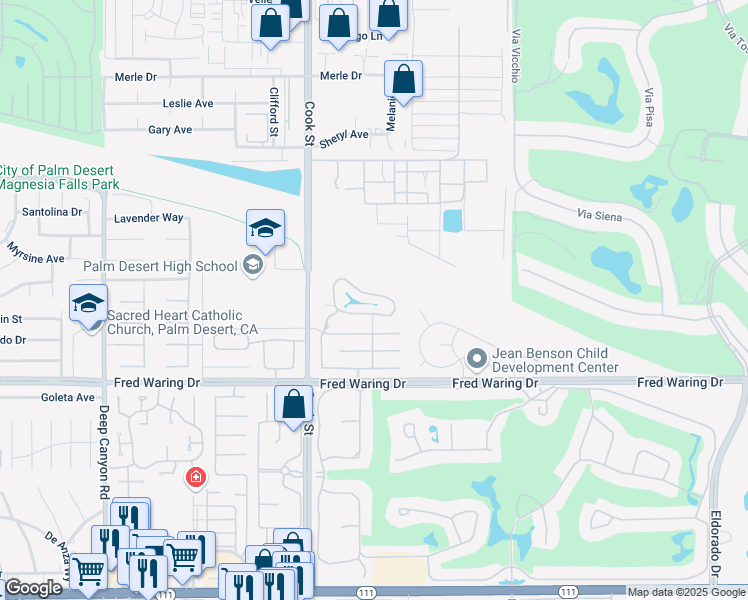 map of restaurants, bars, coffee shops, grocery stores, and more near Palm Lake Drive in Palm Desert
