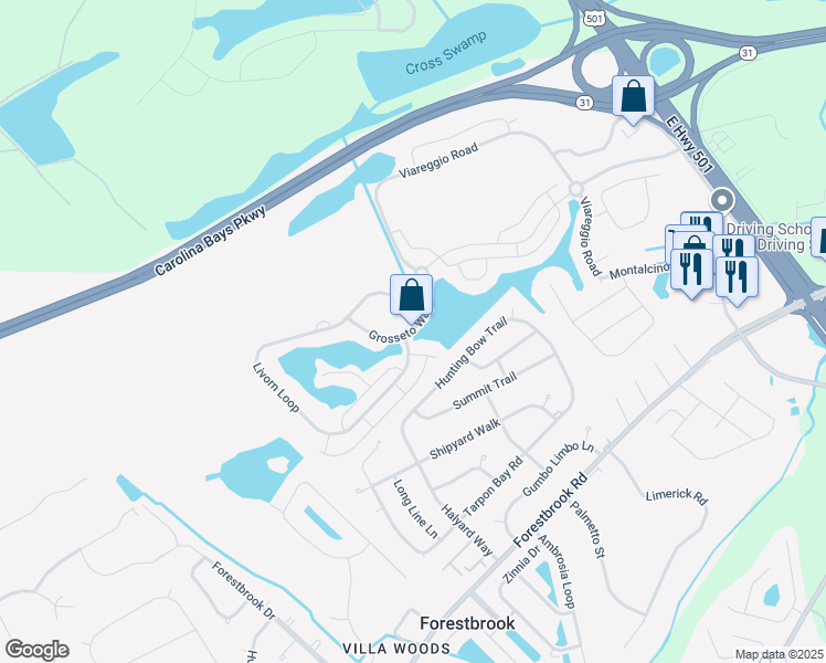 map of restaurants, bars, coffee shops, grocery stores, and more near Belle Terre Boulevard in Myrtle Beach