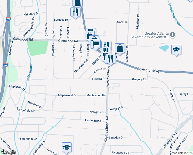 map of restaurants, bars, coffee shops, grocery stores, and more near 4244 Lindsey Drive in Decatur