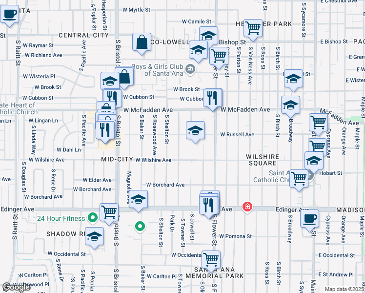 map of restaurants, bars, coffee shops, grocery stores, and more near 1217 South Towner Street in Santa Ana
