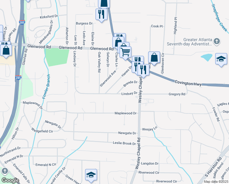 map of restaurants, bars, coffee shops, grocery stores, and more near 4200 Lindsey Drive in Decatur