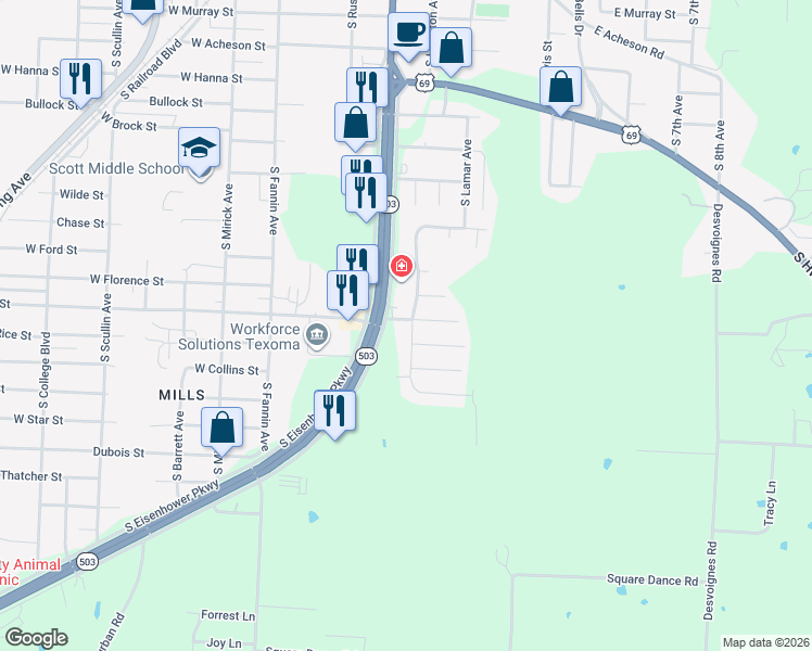 map of restaurants, bars, coffee shops, grocery stores, and more near 1 Circle Drive in Denison
