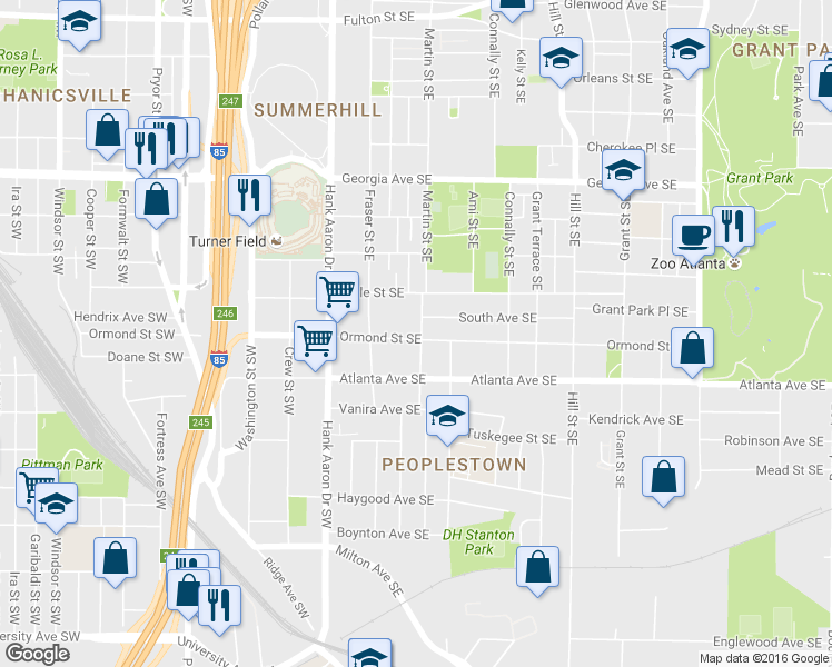 map of restaurants, bars, coffee shops, grocery stores, and more near 106 Ormond Street Southeast in Atlanta
