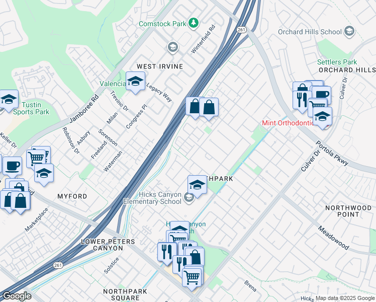 map of restaurants, bars, coffee shops, grocery stores, and more near 3 Mineral King in Irvine