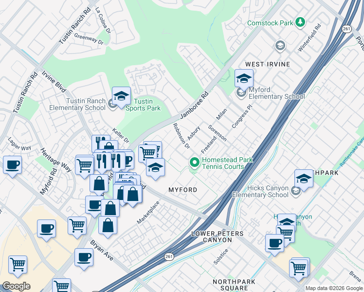 map of restaurants, bars, coffee shops, grocery stores, and more near 40 Asbury in Irvine