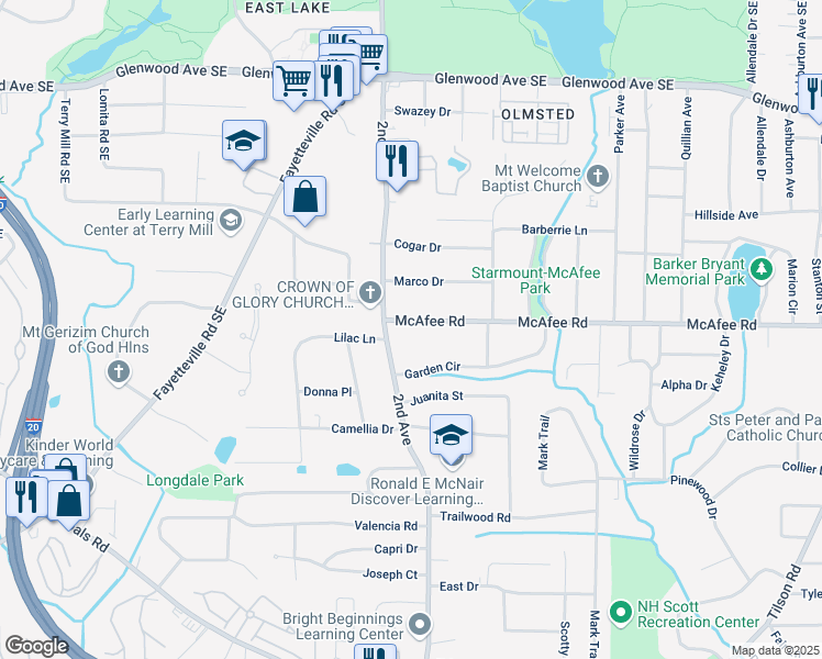 map of restaurants, bars, coffee shops, grocery stores, and more near 1995 McAfee Road in Decatur