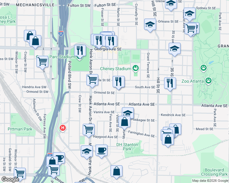 map of restaurants, bars, coffee shops, grocery stores, and more near 106 Ormond Street Southeast in Atlanta