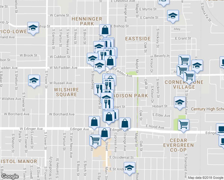 map of restaurants, bars, coffee shops, grocery stores, and more near 115 East Oxford Street in Santa Ana