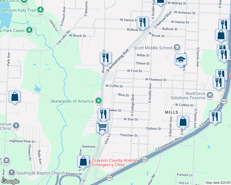 map of restaurants, bars, coffee shops, grocery stores, and more near 1025 Rice Street in Denison