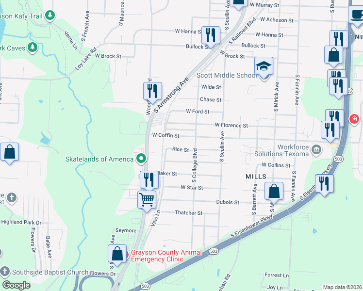 map of restaurants, bars, coffee shops, grocery stores, and more near 1009 Rice Street in Denison