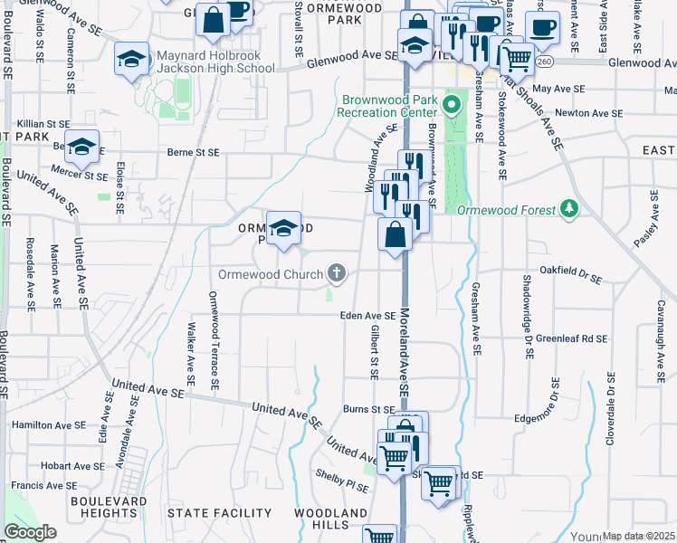 map of restaurants, bars, coffee shops, grocery stores, and more near 1080 Delaware Avenue Southeast in Atlanta