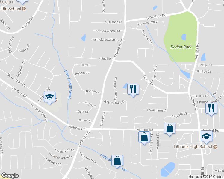 map of restaurants, bars, coffee shops, grocery stores, and more near 1967 Spencer Oaks Lane in Lithonia
