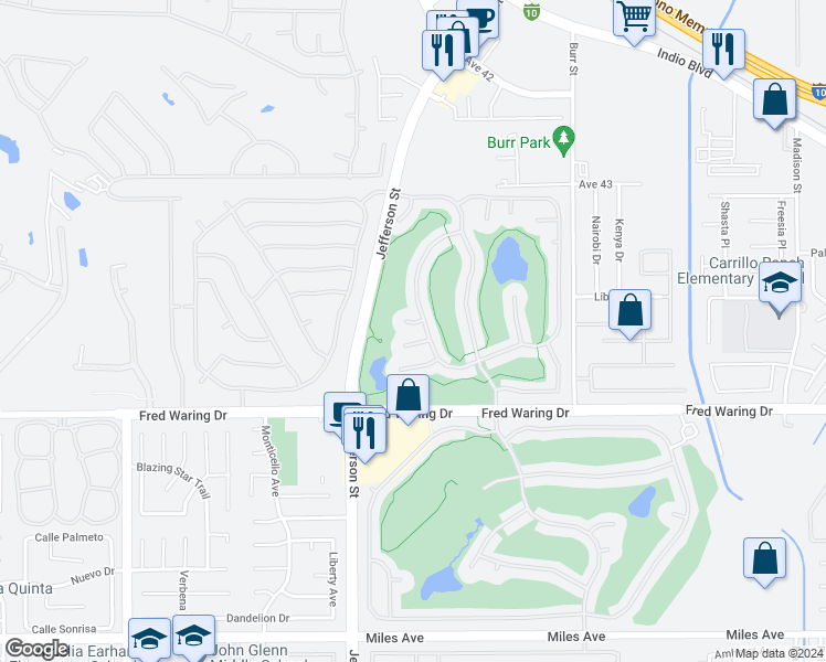 map of restaurants, bars, coffee shops, grocery stores, and more near 80427 Dumphries Court in Indio