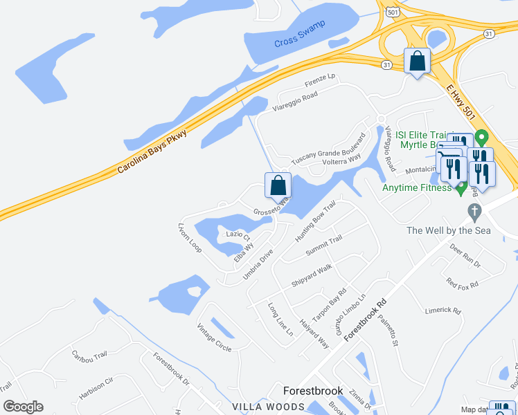 map of restaurants, bars, coffee shops, grocery stores, and more near 5354 Grosseto Way in Myrtle Beach