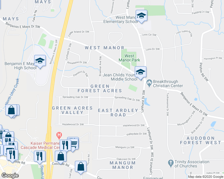 map of restaurants, bars, coffee shops, grocery stores, and more near 871 Laurelmont Drive Southwest in Atlanta