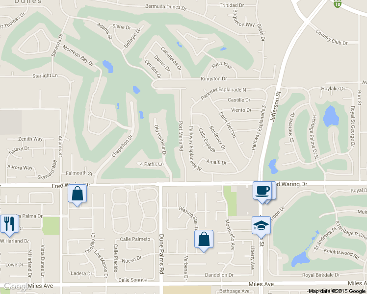 map of restaurants, bars, coffee shops, grocery stores, and more near 43600 Port Maria Road in Bermuda Dunes