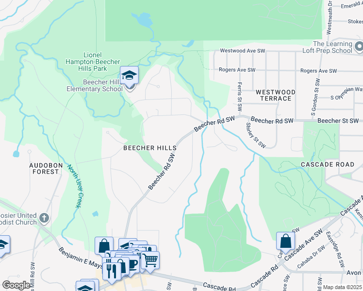 map of restaurants, bars, coffee shops, grocery stores, and more near 2158 Beecher Road Southwest in Atlanta