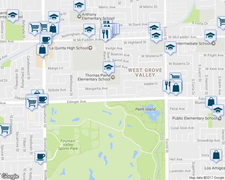 map of restaurants, bars, coffee shops, grocery stores, and more near 10560 Margarita Avenue in Fountain Valley