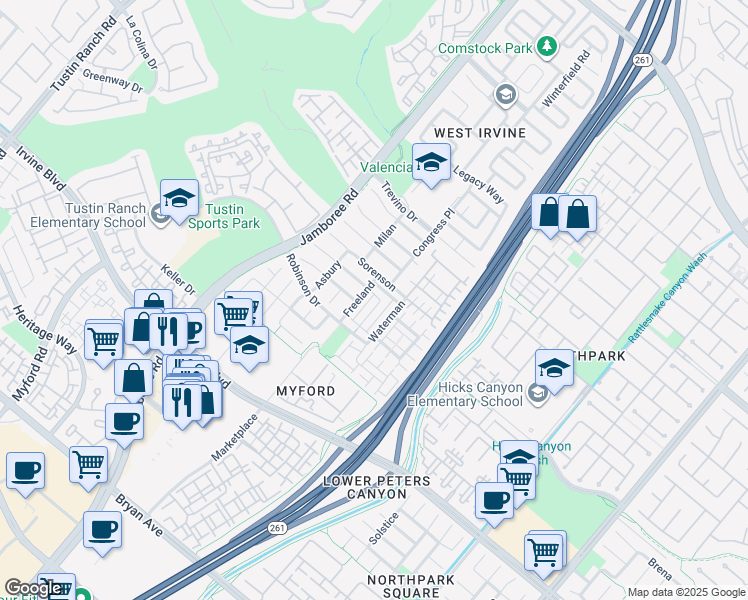 map of restaurants, bars, coffee shops, grocery stores, and more near 67 Autumn in Irvine