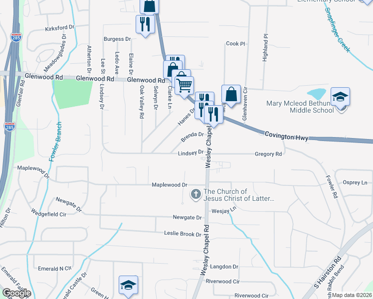 map of restaurants, bars, coffee shops, grocery stores, and more near 4119 Brenda Drive in Decatur
