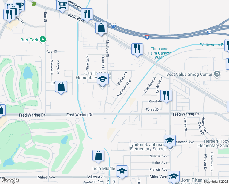 map of restaurants, bars, coffee shops, grocery stores, and more near 43700 Brahea Court in Indio