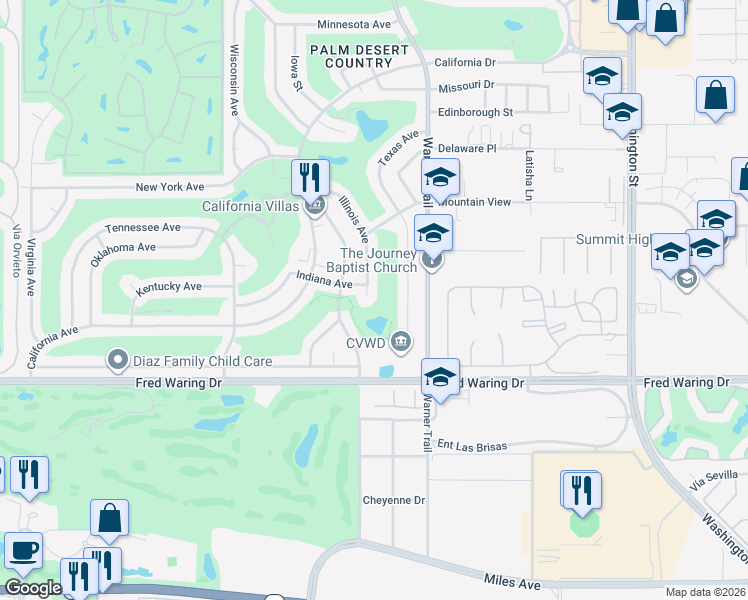 map of restaurants, bars, coffee shops, grocery stores, and more near 43520 Illinois Avenue in Palm Desert