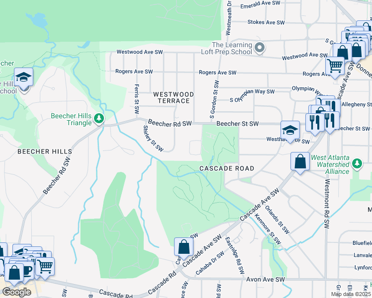 map of restaurants, bars, coffee shops, grocery stores, and more near 930 Beecher Court Southwest in Atlanta
