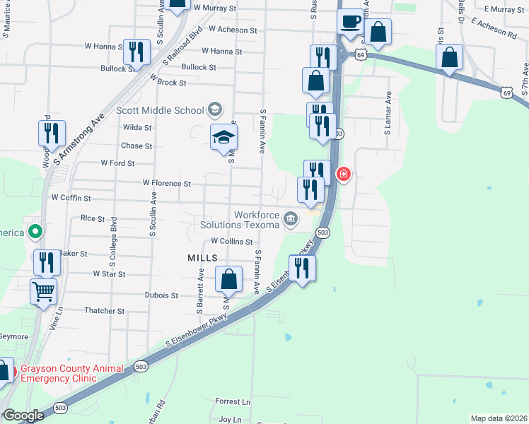 map of restaurants, bars, coffee shops, grocery stores, and more near 410 West Coffin Street in Denison