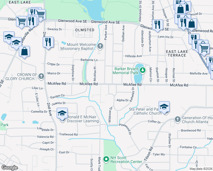 map of restaurants, bars, coffee shops, grocery stores, and more near 2021 Connie Lane in Decatur