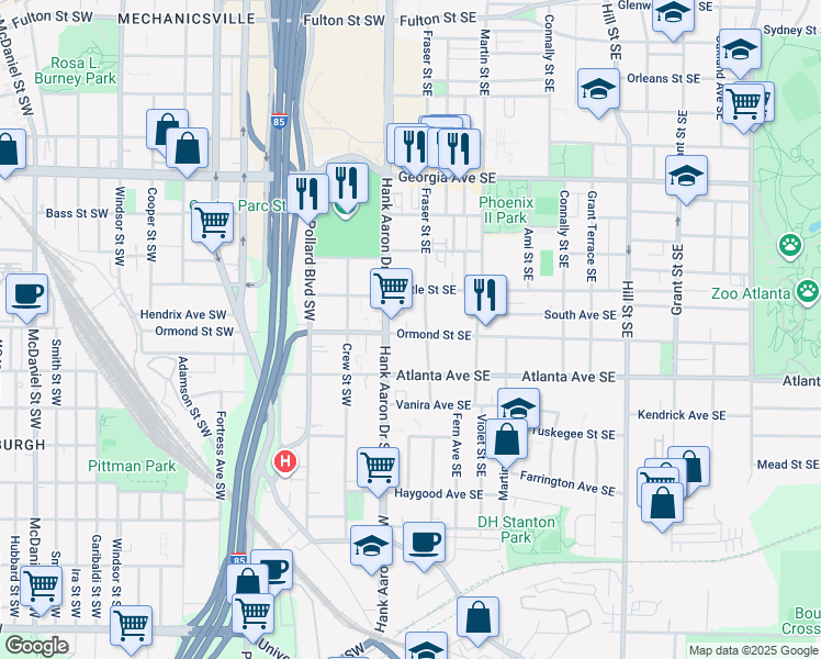 map of restaurants, bars, coffee shops, grocery stores, and more near 30 Ormond Street Southeast in Atlanta