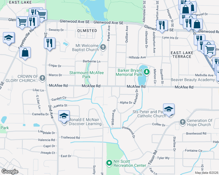 map of restaurants, bars, coffee shops, grocery stores, and more near 2021 Connie Lane in Decatur