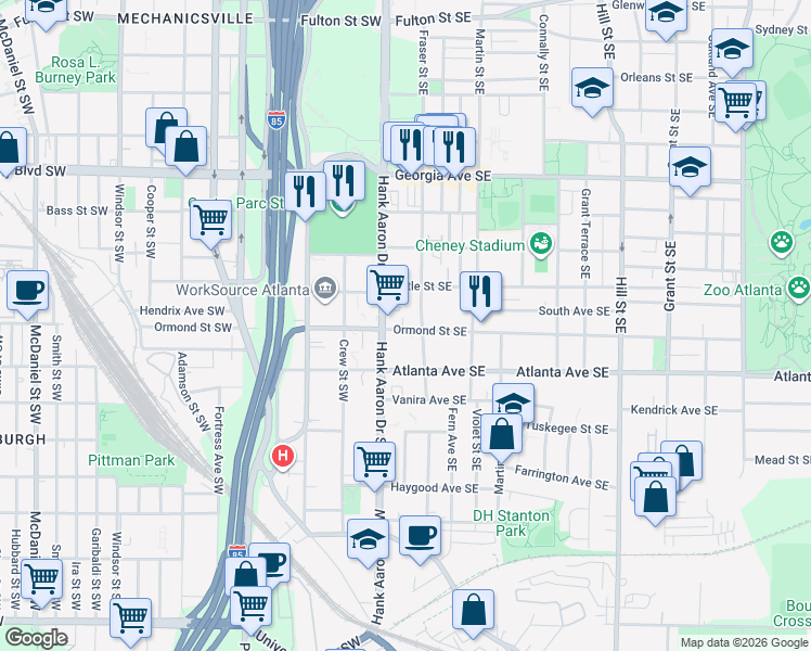map of restaurants, bars, coffee shops, grocery stores, and more near 30 Ormond Street Southeast in Atlanta
