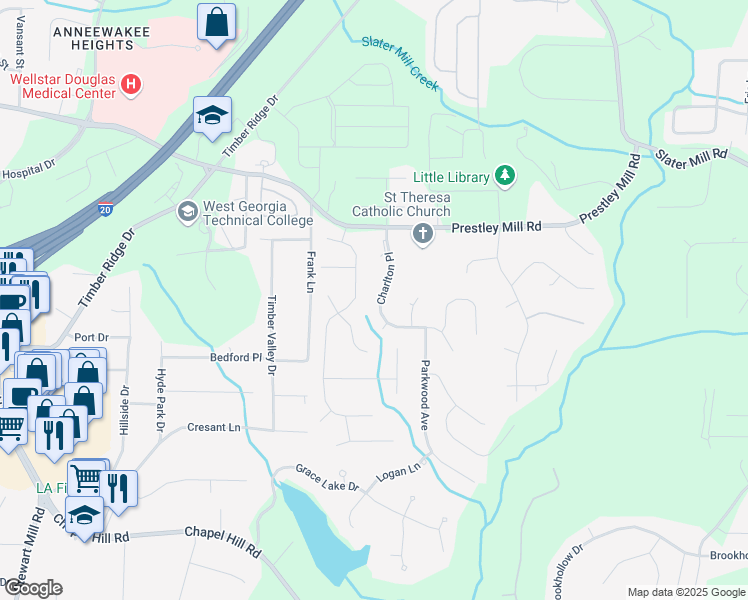 map of restaurants, bars, coffee shops, grocery stores, and more near 9205 Charlton Place in Douglasville