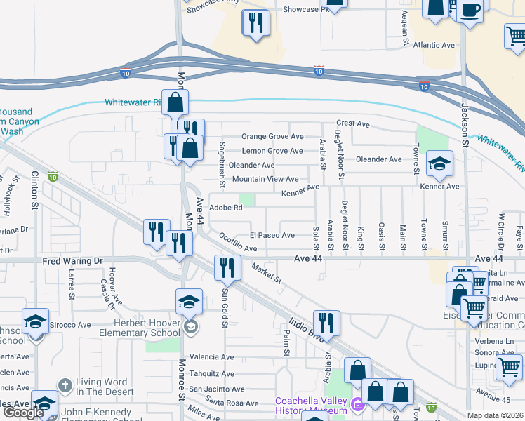 map of restaurants, bars, coffee shops, grocery stores, and more near 82289 Adobe Road in Indio