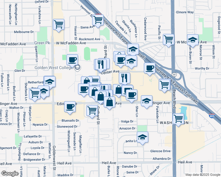 map of restaurants, bars, coffee shops, grocery stores, and more near 7481 Edinger Avenue in Huntington Beach