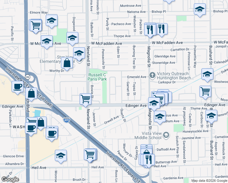 map of restaurants, bars, coffee shops, grocery stores, and more near 15892 Plumwood Street in Westminster