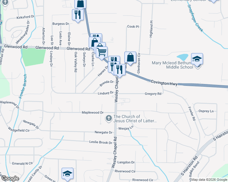 map of restaurants, bars, coffee shops, grocery stores, and more near 4272 Lindsey Drive in Decatur