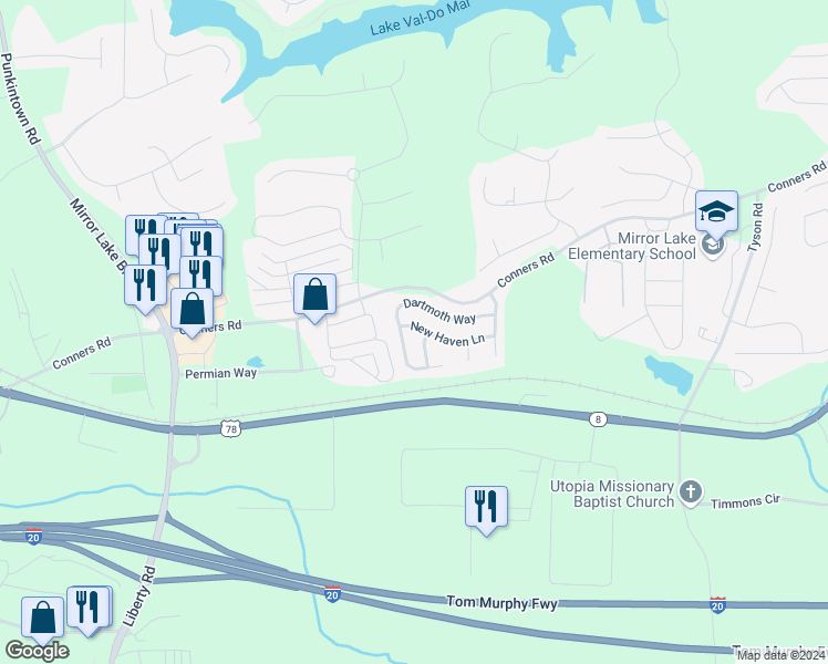 map of restaurants, bars, coffee shops, grocery stores, and more near 3025 New Haven Lane in Villa Rica