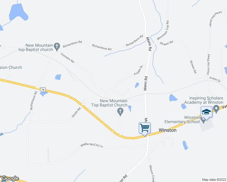 map of restaurants, bars, coffee shops, grocery stores, and more near 7886 Poppy Seed Place in Winston