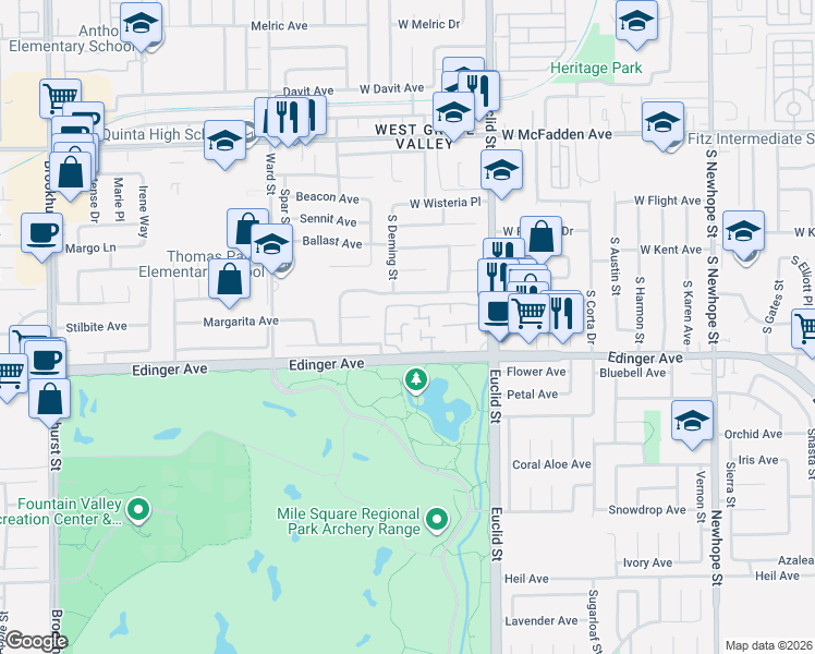 map of restaurants, bars, coffee shops, grocery stores, and more near 15928 Prell Court in Fountain Valley
